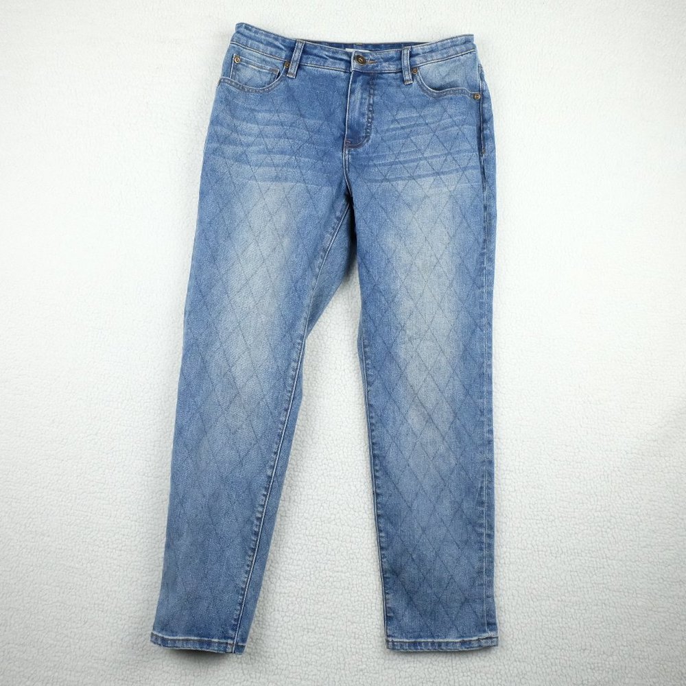 Tribal Jeans Womens 6 Blue Boyfriend Argyle Diamond Stretchy Denim Cropped 29x28